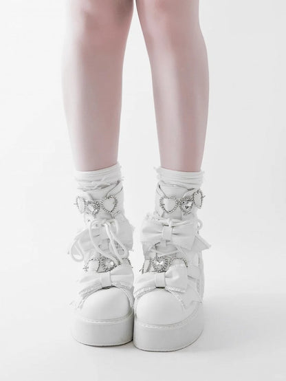 Ankle Lace-up Matte and White Jirai in Kei Buckles Sweetheart Boots with Rhinestones