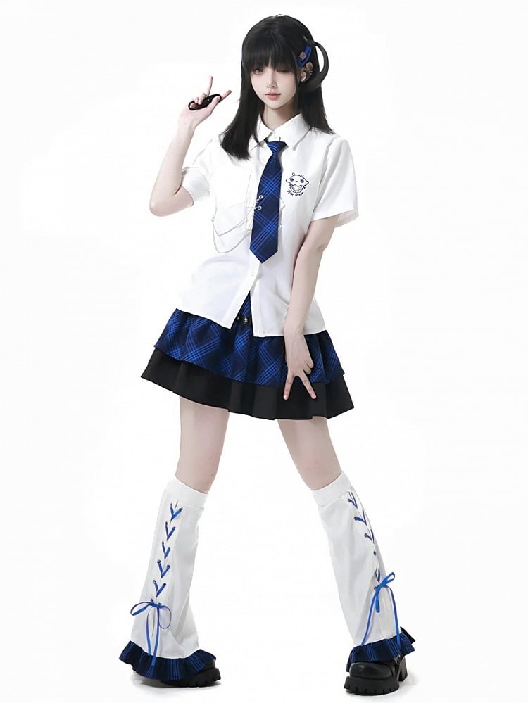 White Blue Plaid Hem Lace-up Detail Leg Warmers