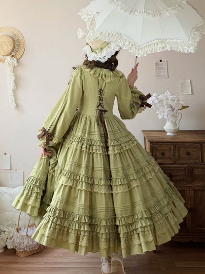 Sleeves Green Olive Design Long One Piece Ruffle Elegant