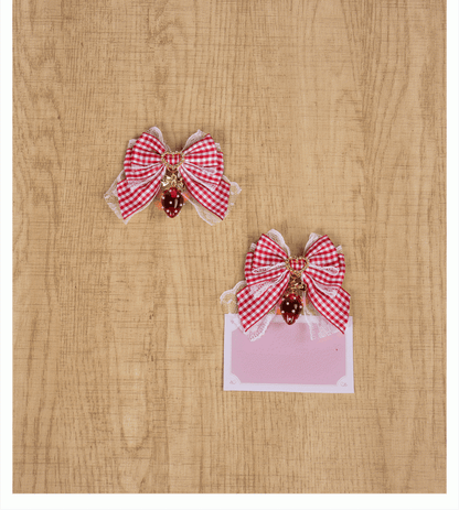 Lolita Sweet Bowknot Kei Plaid with Charm Red/Pink/Black Strawberry Hairclips Jirai - Style