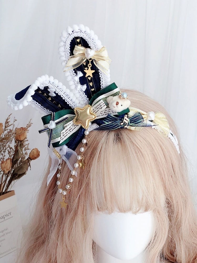 ビーズ付きバニースター グリーン/ブラックピンク ぬいぐるみクマと装飾耳 KCチャーム