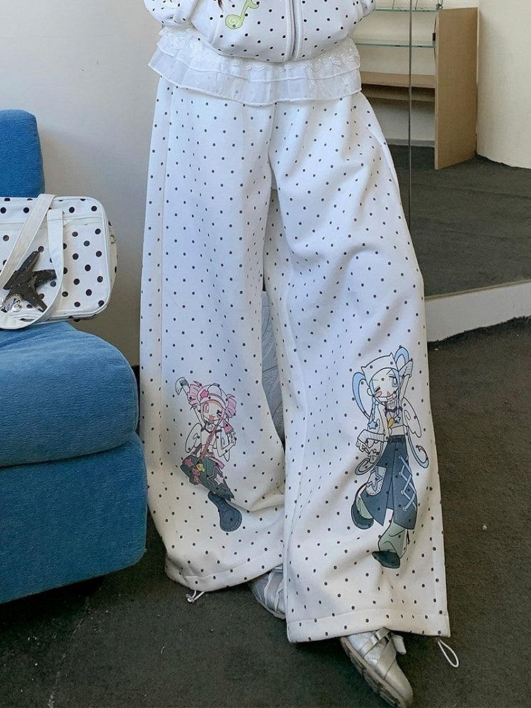 Polka Dot Straight Wide Leg Pants with Cartoon Pattern - Solkatt