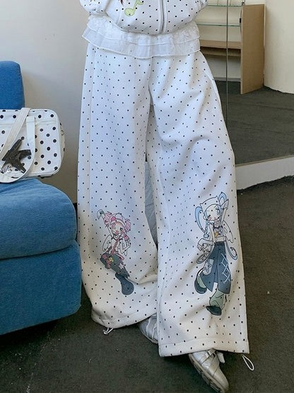 Polka Dot Straight Wide Leg Pants with Cartoon Pattern - Solkatt