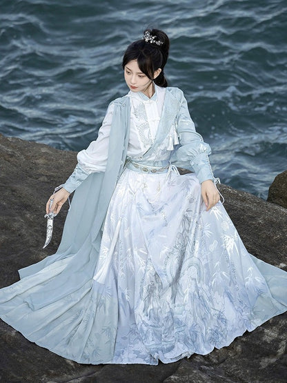 Hanfu Outfit Shirt & Mamian Skirt Set with Bamboo Dragon Print & Waist Chain - Han Ru Chu Hanfu &amp; Han-Element Studi