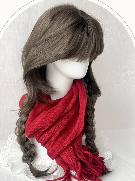 Braune, unterbrustlange, glatte HimeCut-Kunsthaarperücke mit Pony