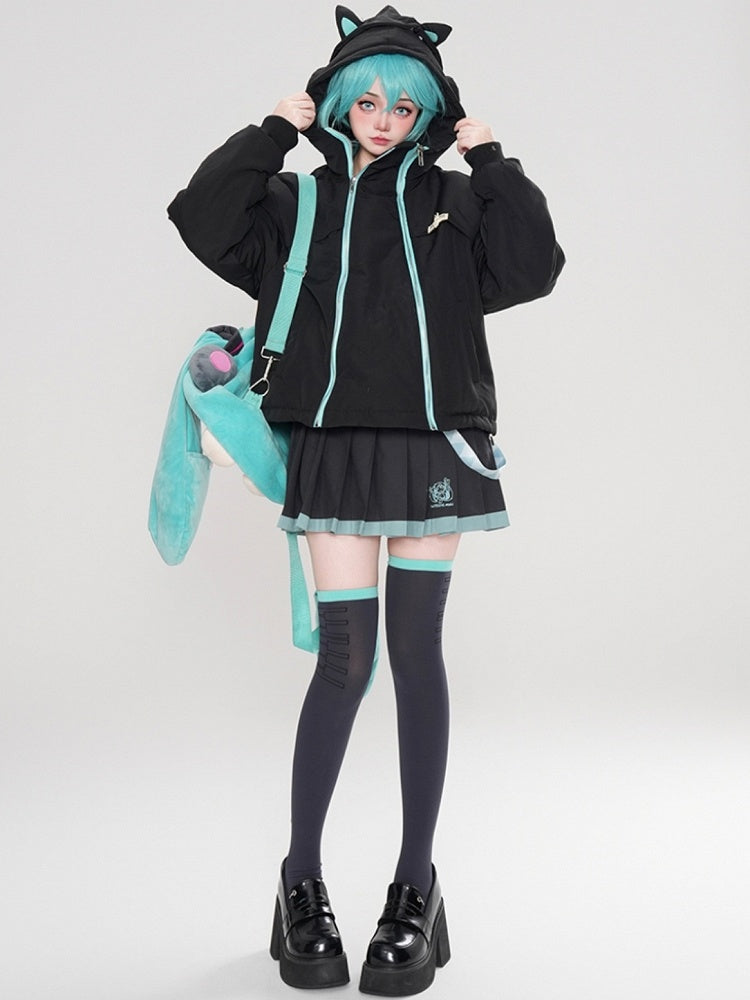 Black/Pink Zips Cat Ears Hood Thick Zip Hoodie