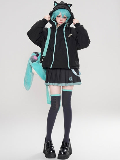 Black/Pink Zips Cat Ears Hood Thick Zip Hoodie