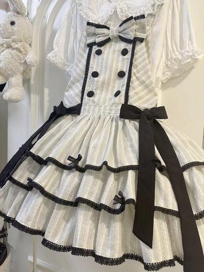 Black Lace Accents Ruffle Sweet Striped Dress Trim with Bow and Layered Overall Lolita