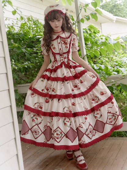 レッドのレースアップディテール、アップルとプリントの半袖トップス