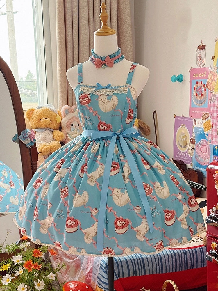 Kleid Print Rock süße Lolita Jumper Showa flauschige Kätzchen blau süß