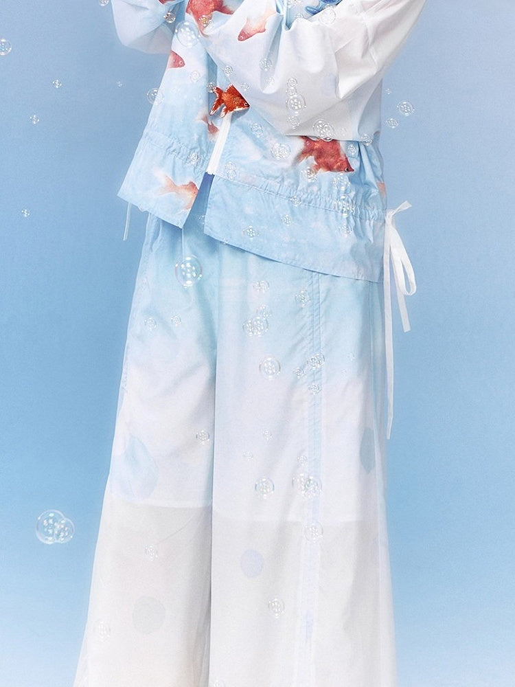 Blue White Wide-Leg Elastic Waist Pants with Goldfish - Zao Jing Ji