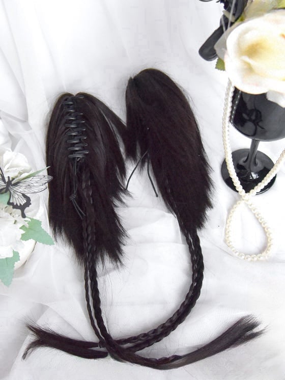 Schwarze lange glatte Perücke mit Pony + doppelte Pferdeschwanzklammern