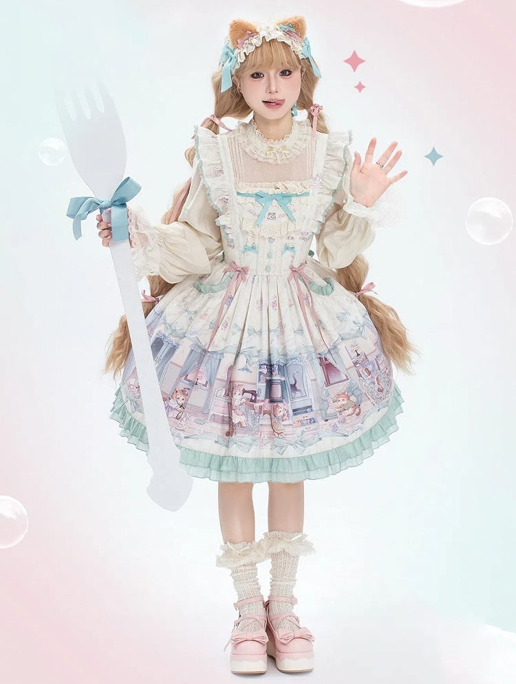 かわいい子猫と緑のリボンのスイートロリータドレス、ひらひらショルダーストラップのジャンパースカート