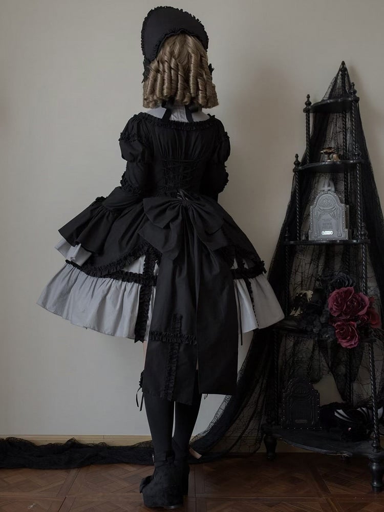 Lolita Gray Sleeves with Bell Black Dress Ruffled Gothic