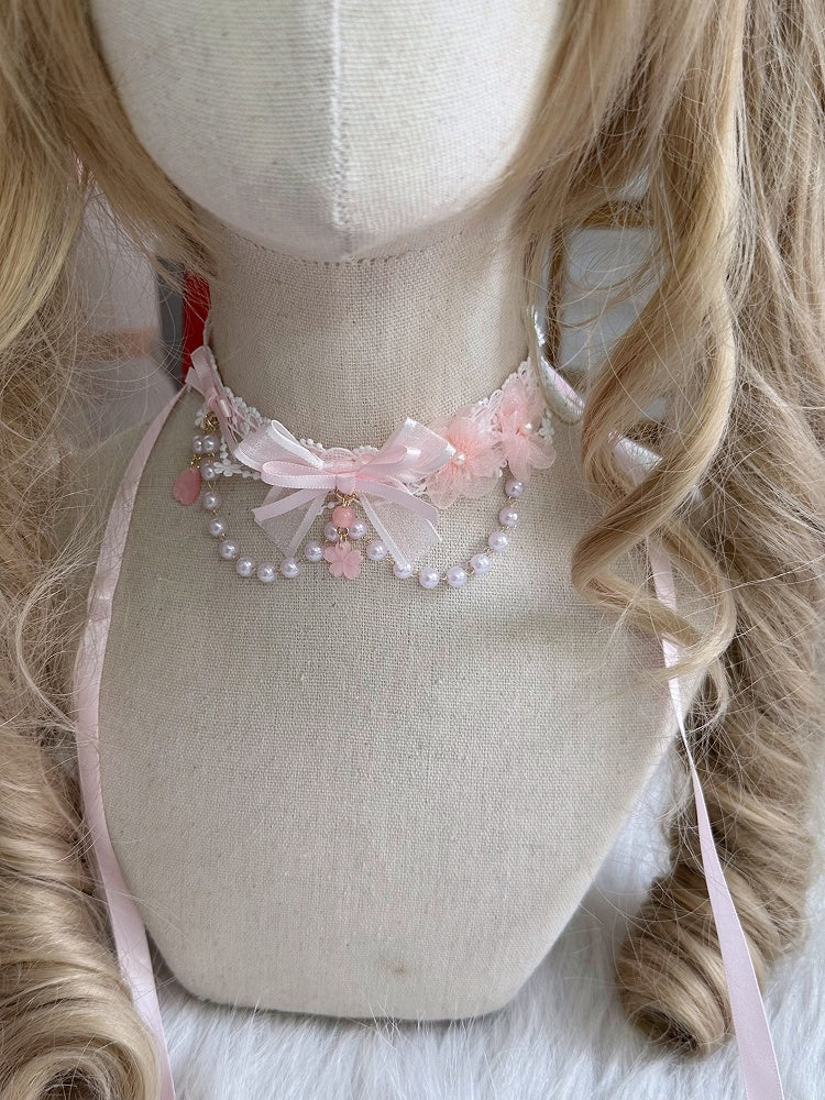 Choker Sakura Bead Lolita Sweet with Pendant Chain Bow Pink and