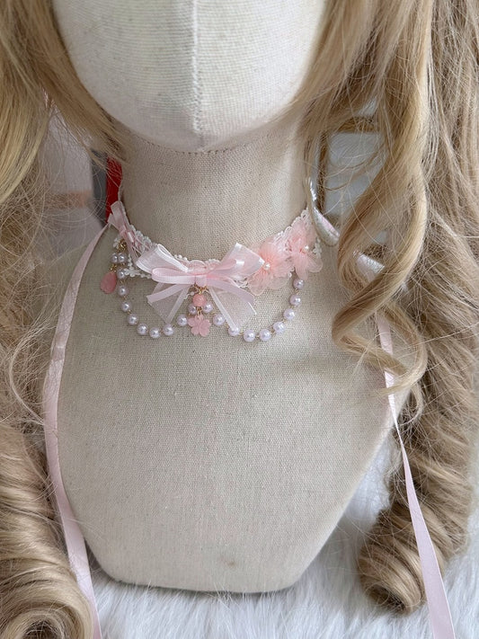 Choker Sakura Bead Lolita Sweet with Pendant Chain Bow Pink and