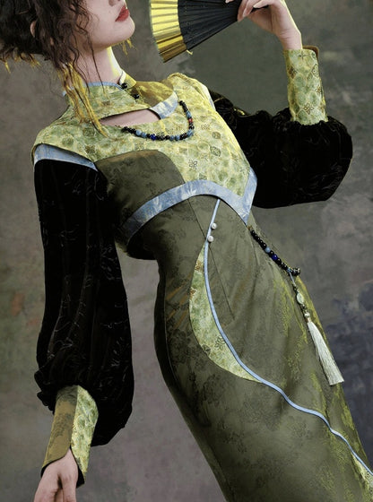 Grass Green Jacquard Chinoiserie Floral Fishtail Qipao Dress with Long Sleeves - sijinstudio
