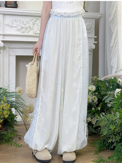 Version Cuffs Holiday Blue and White Colorblock Design Wide-Leg Pants Butterfly Embroidery Regular/Short