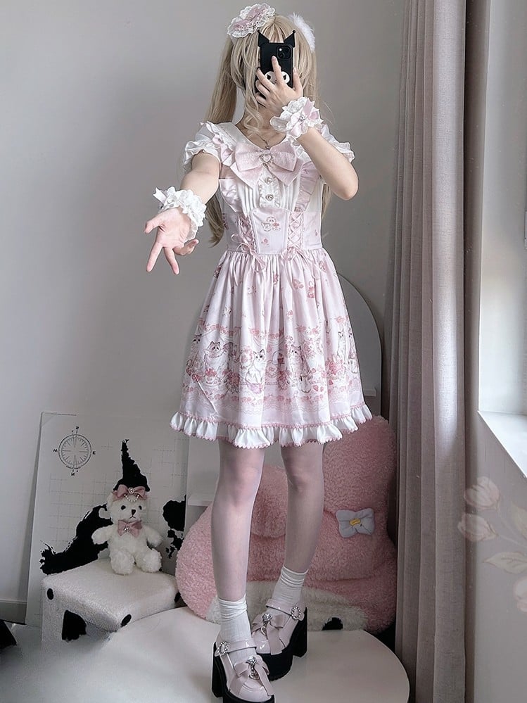 Lace-up Design Sweet Pleating Kei Details Print Pink Cat Jirai