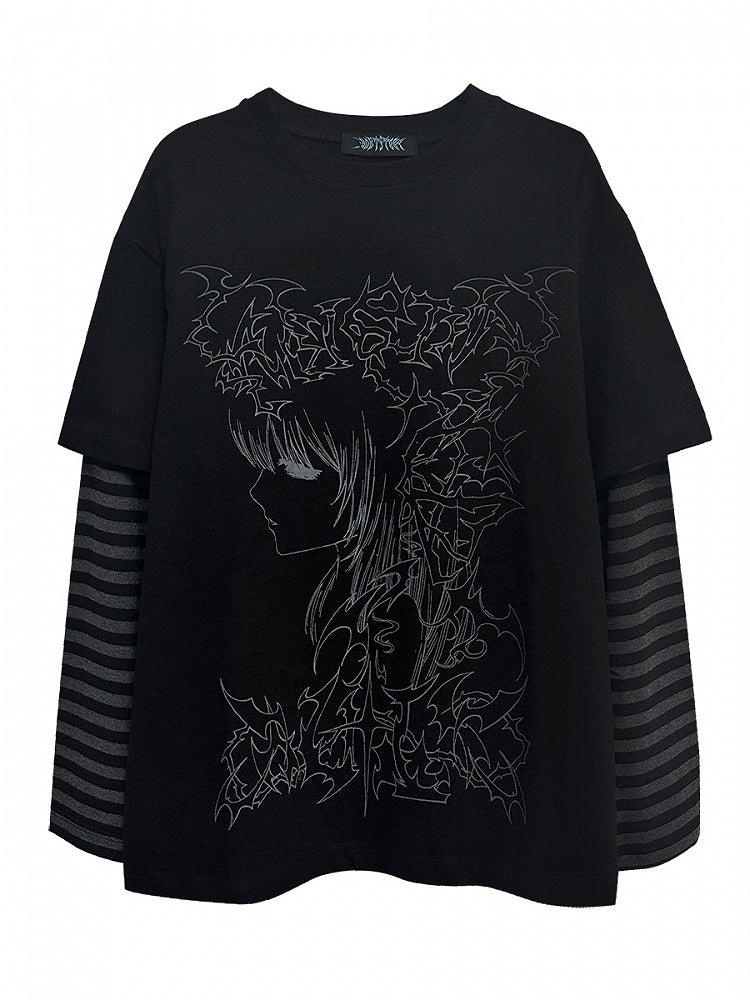 ブラック エモ パンク ガール ストライプ スリーブ グラフィック Tシャツ