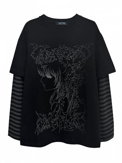 ブラック エモ パンク ガール ストライプ スリーブ グラフィック Tシャツ
