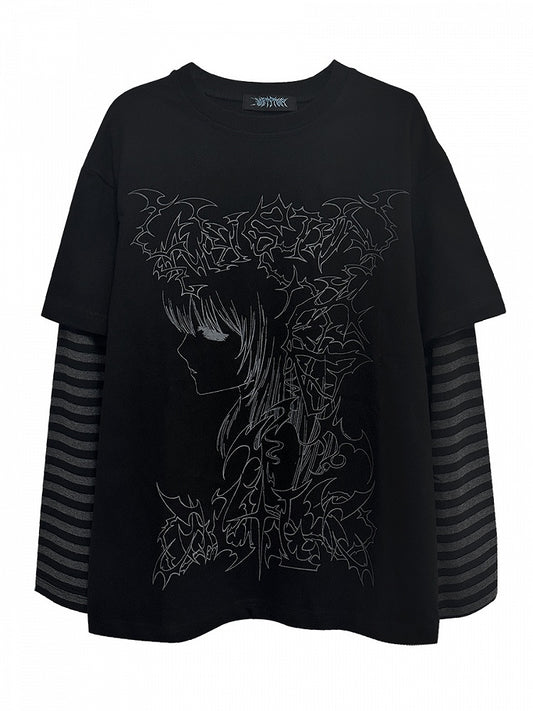 ブラック エモ パンク ガール ストライプ スリーブ グラフィック Tシャツ