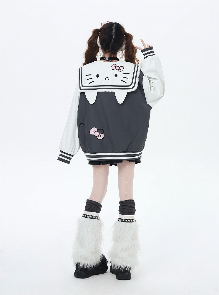 Navy Blue/Gray Sailor Collar Kitty Embroidered Baseball Jacket