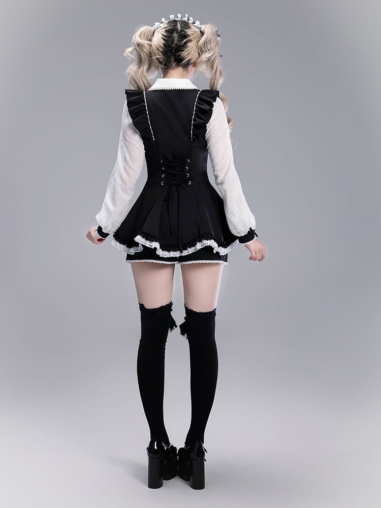 Black Kei with Coord Brooch and Set: White Trim Detachable Scalloped Shorts Edge Top Bow Jirai
