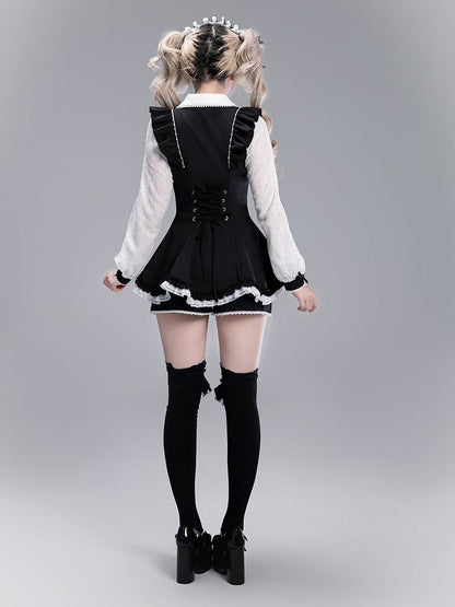 Black Kei with Coord Brooch and Set: White Trim Detachable Scalloped Shorts Edge Top Bow Jirai