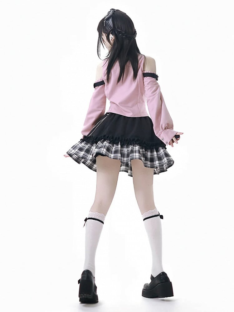 Top: with Idol Bittersweet Open Buckles Star Shirt Pink Punk Shoulder Core Fashion