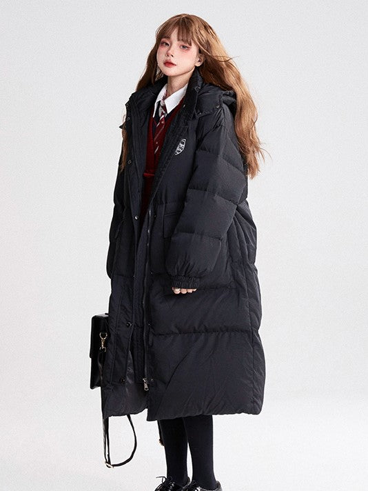 Mid-Length Preppy Mandarin Patches Black Coat Hooded with Badge Padded/Down Collar