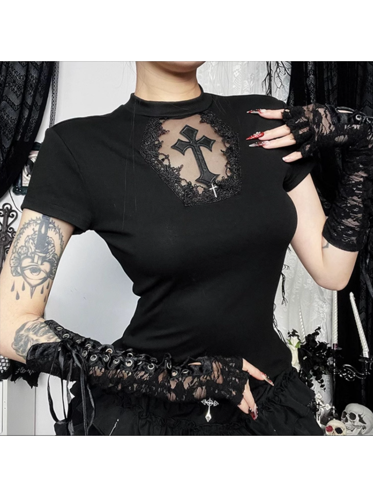 Cross Sleeve Black Cutout Halloween Charm with Top Short Tulle Applique Gothic Hexagon
