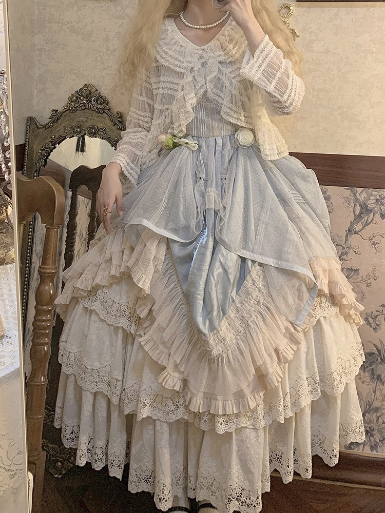 Beige Multi-layer Ruffles Elegant Lolita Skirt Floral Embroidery Details - Miss Point