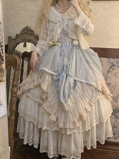 Beige Multi-layer Ruffles Elegant Lolita Skirt Floral Embroidery Details - Miss Point