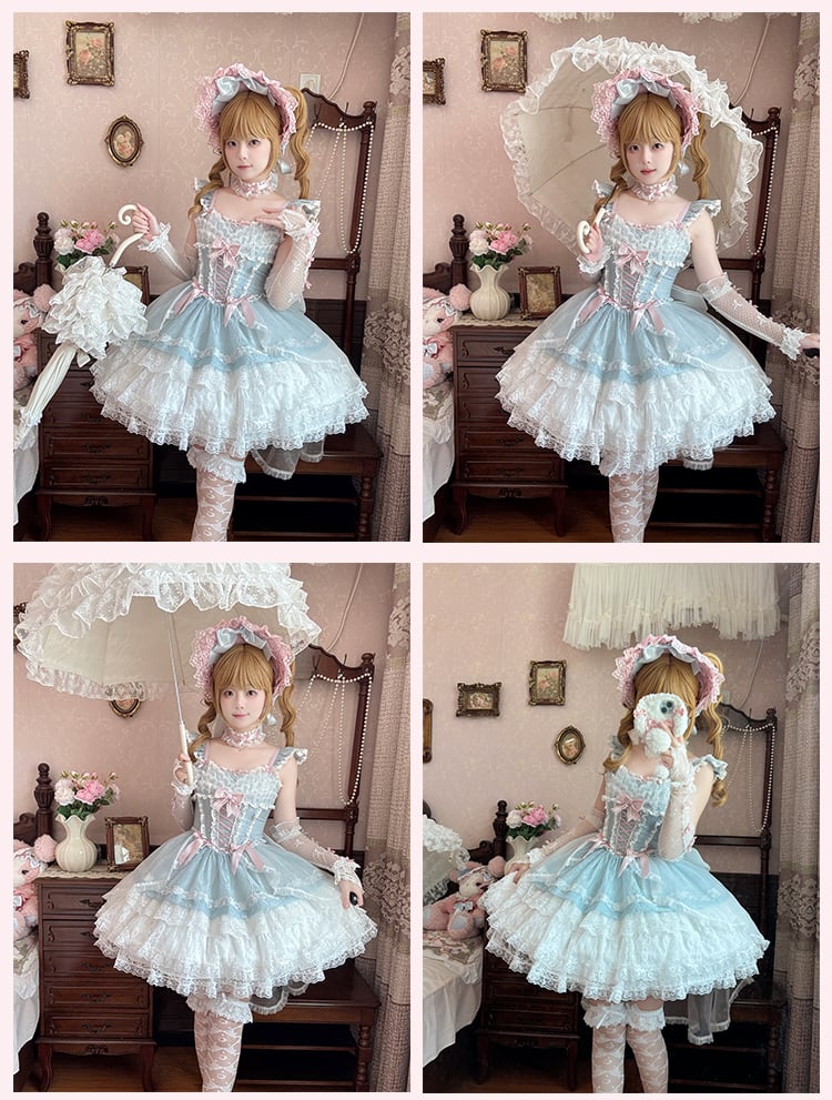 Lolita Light Sleeves Balletcore Blue Jumper Sweet Flutter Three-layered Tiered Skirt