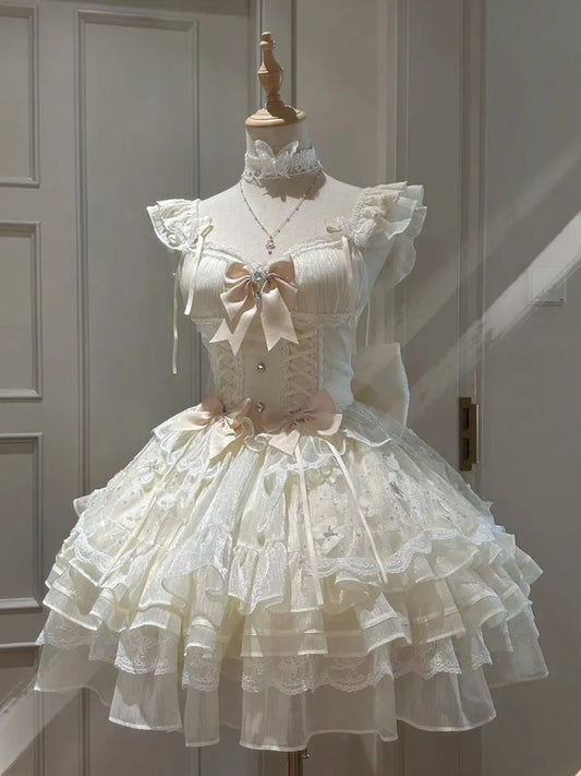 Beige Details 92CM Prinzessin Ausverkaufsgröße Pullover Schnürkleid für weiten Rock Set Pailletten Büste XL Schmetterling