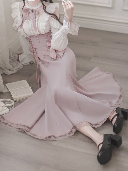 White Landmine Illusion Blouse and with Cutouts Neckline Shoulder Pink