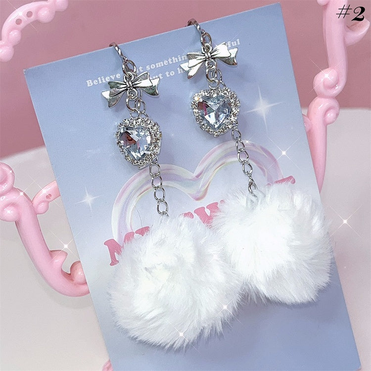 Jirai Kei-Ohrclips mit Pompons und Strassdetails