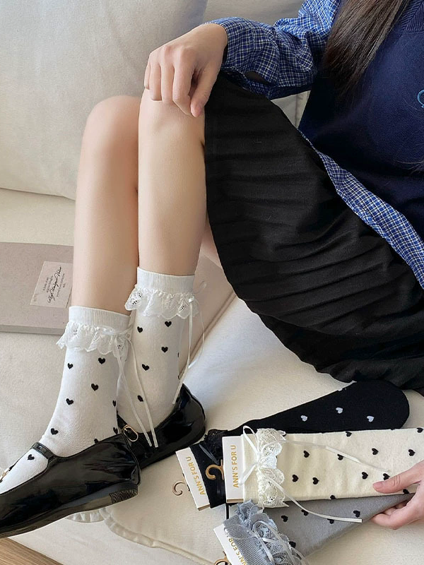 Lace Black/White/Yellow/Gray Cuffs Details Socks Calf Heart Print Ruffled Bowknot