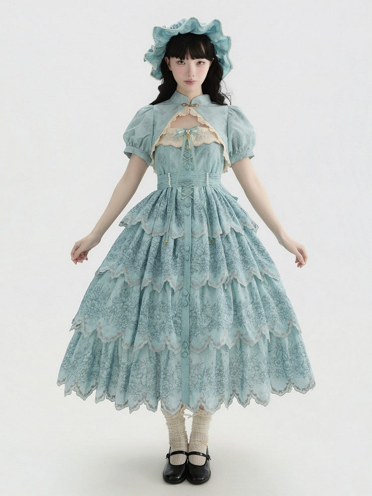 Jumper with Trim Scallop Skirt Blue Classic Layered Print Embroidered Lolita Floral