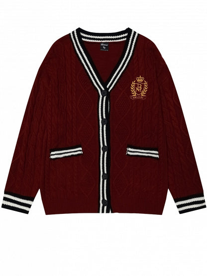 Christmas Red V-neck Preppy Loose Cardigan Contrast Striped Trim