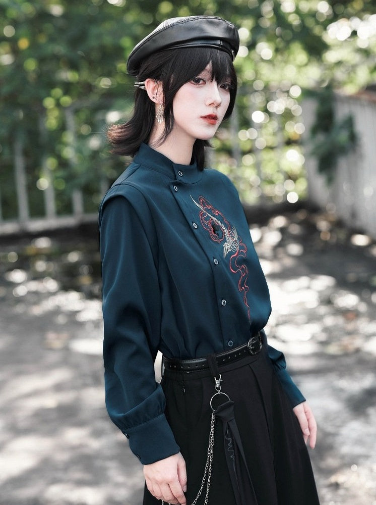 Navy Stand-Collar Asymmetric Shirt with Skeleton Whale Embroidery - Quirky Hut