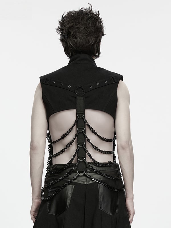 Abyss Chain Stand-Collar Black Men's Punk Vest - Punk Rave