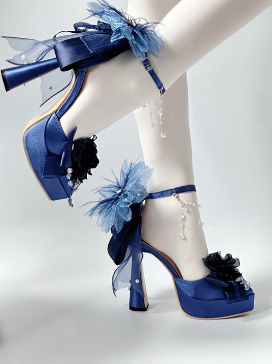 Dark Blue Pointed-Toe Platform Heels with Flower Embellishments - A Sky Rabbit
