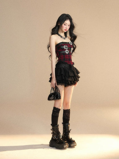 Schwarz kariertes Strassschnallen Spitzenbesatz Glamouröses trägerloses Top Rot