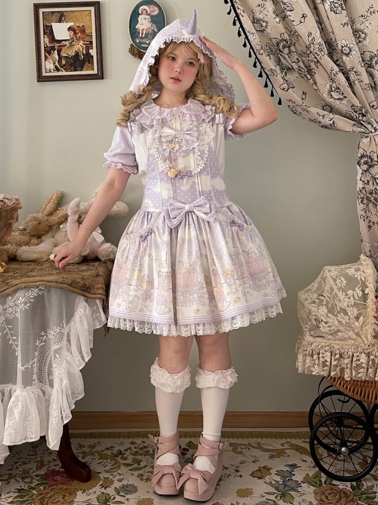Süßes Lolita-Overallkleid mit abnehmbarer Kapuze und Einhorn und Dessert, Lila