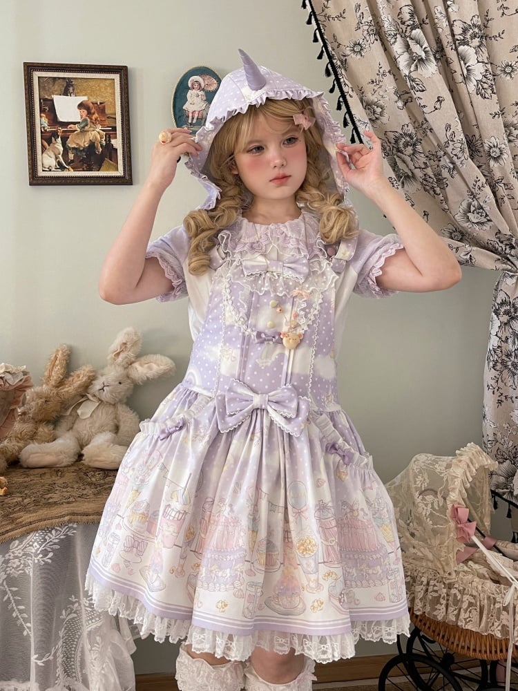Süßes Lolita-Overallkleid mit abnehmbarer Kapuze und Einhorn und Dessert, Lila