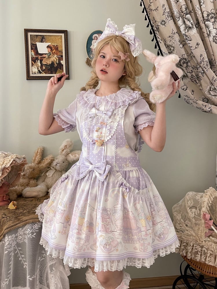 Süßes Lolita-Overallkleid mit abnehmbarer Kapuze und Einhorn und Dessert, Lila
