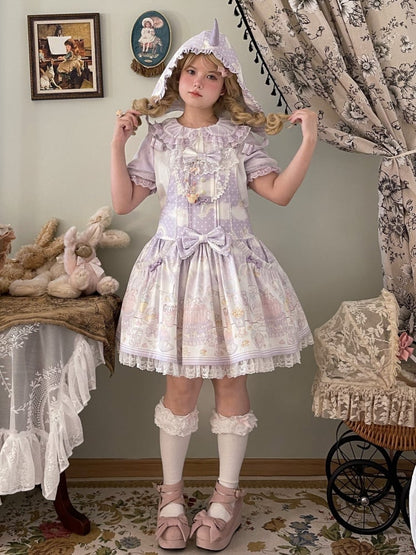 Süßes Lolita-Overallkleid mit abnehmbarer Kapuze und Einhorn und Dessert, Lila