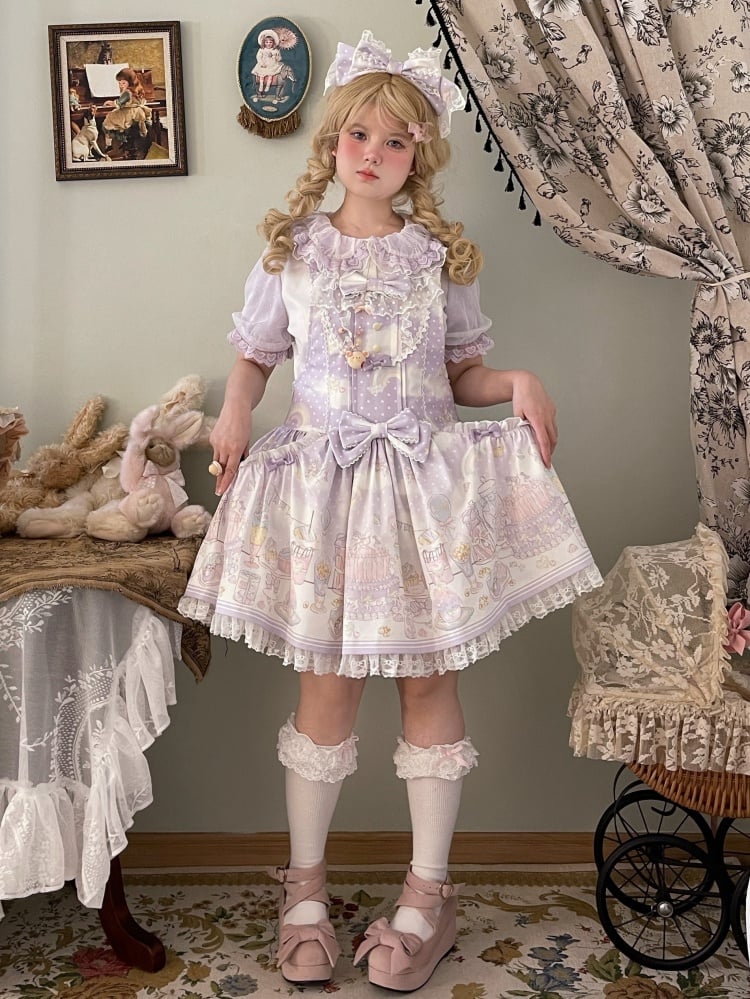 Süßes Lolita-Overallkleid mit abnehmbarer Kapuze und Einhorn und Dessert, Lila
